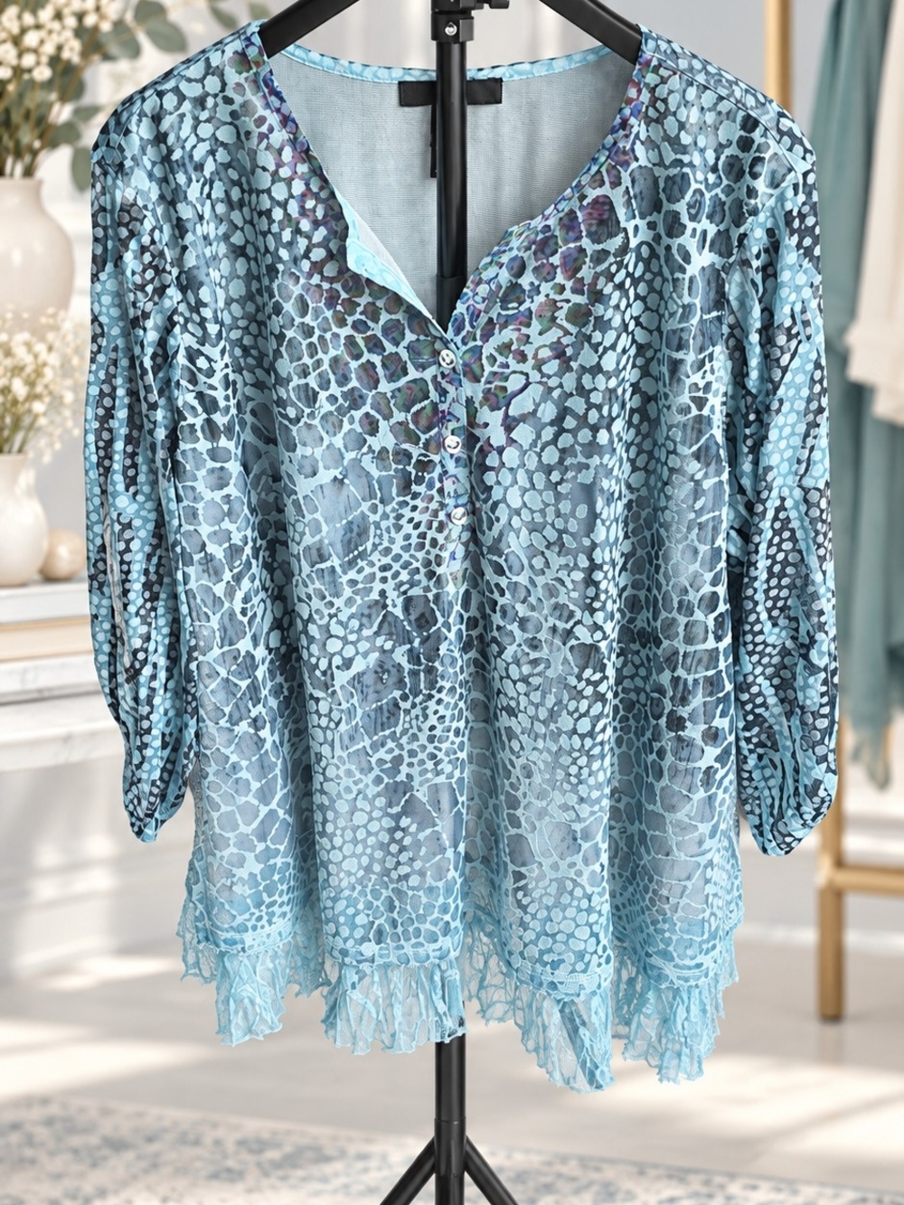 Ali Miles Blue Animal Printed V-Neck Lace-Hem Tunic 2x Boho, Festival - Picture 2 of 11